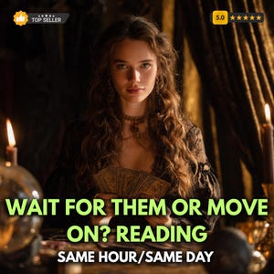 Könnte beinhalten: Eine Frau mit langen, welligen braunen Haaren hält Tarotkarten. Das Bild enthält den Text "WAIT FOR THEM OR MOVE ON? READING SAME HOUR/SAME DAY." Das Bild hat ein "TOP SELLER"-Abzeichen und eine 5-Sterne-Bewertung.
