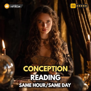 Könnte beinhalten: Eine Frau mit langen, welligen braunen Haaren hält Tarotkarten, mit dem Text "CONCEPTION READING SAME HOUR/SAME DAY". Das Bild hat ein mystisches Thema, mit Kerzen und einer Kristallkugel. In der oberen rechten Ecke wird eine 5,0-Sterne-Bewertung angezeigt.