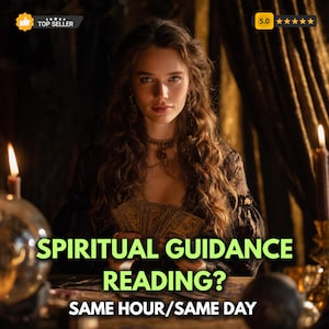 May include: A woman with long, wavy brown hair holds tarot cards, with text that reads "SPIRITUAL GUIDANCE READING? SAME HOUR/SAME DAY." The image has a top seller badge and a 5-star rating.