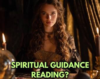 Puede incluir: Una mujer con cabello largo y ondulado castaño sostiene cartas del tarot, con el texto "SPIRITUAL GUIDANCE READING? SAME HOUR/SAME DAY." La imagen tiene una insignia de mejor vendedor y una calificación de 5 estrellas.