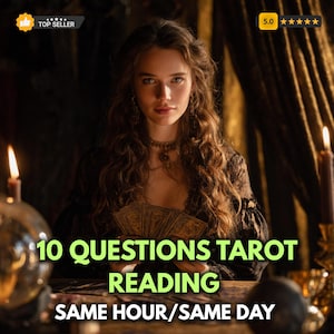 May include: A woman with long, wavy brown hair holds tarot cards. The image features text that reads "10 QUESTIONS TAROT READING SAME HOUR/SAME DAY." The background includes candles and a crystal ball, with a "Top Seller" badge.