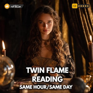 May include: A woman with long, wavy brown hair holds tarot cards, with the text "TWIN FLAME READING SAME HOUR/SAME DAY" overlaid. The image has a warm, candlelit ambiance, suggesting a spiritual or mystical theme. A "Top Seller" badge is visible.