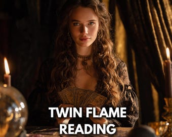 May include: A woman with long, wavy brown hair holds tarot cards, with the text "TWIN FLAME READING SAME HOUR/SAME DAY" overlaid. The image has a warm, candlelit ambiance, suggesting a spiritual or mystical theme. A "Top Seller" badge is visible.