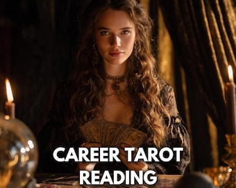 May include: A woman with long, wavy brown hair holds tarot cards, with text that reads "CAREER TAROT READING SAME HOUR/SAME DAY." The image has a warm, candlelit ambiance, suggesting a mystical or spiritual theme. A crystal ball and candles are visible.