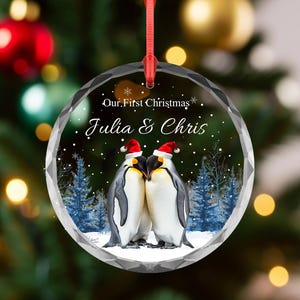May include: A clear, round Christmas ornament with a red ribbon. The ornament features two penguins wearing Santa hats, with the text "Our First Christmas" and the names "Julia & Chris". The background shows a snowy scene with pine trees.