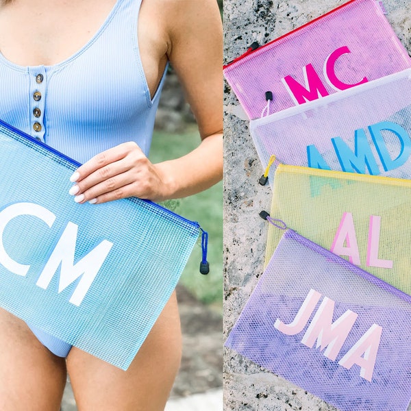 Sac de piscine personnalisé monogramme ombre, pratique indispensable pour nager - Idéal pour les demoiselles d'honneur, les célibataires ou des cadeaux uniques - Plusieurs couleurs