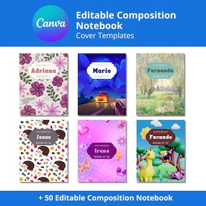 Puede incluir: Se presentan seis plantillas de portadas de cuadernos de composición. Las portadas presentan varios diseños, incluyendo patrones florales, escenas de paisajes e ilustraciones de dibujos animados. El texto en las portadas incluye nombres como "Adriana", "Mario" y "Facundo". La imagen también incluye el texto "Editable Composition Notebook Cover Templates."