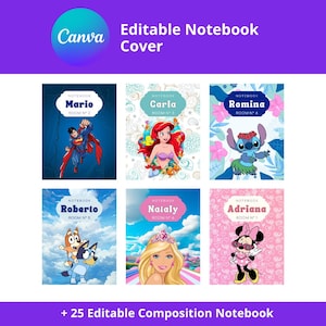 Puede incluir: Seis portadas de cuadernos editables con personajes de dibujos animados y nombres. Las portadas incluyen a Superman, Ariel, Stitch, Bluey y Bingo, Barbie y Minnie Mouse. El texto "Editable Notebook Cover" está en la parte superior.