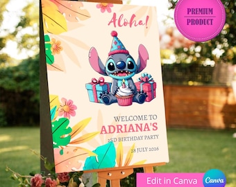 Stitch Birthday Welcome Sign, Printable Lilo and Stitch Poster, Kids Stitch Angel Birthday party, Aloha Stitch welcome sign, Canva Template