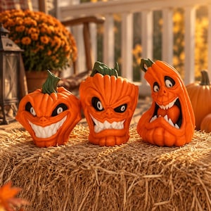 May include: Three orange pumpkin-shaped decorations with carved faces, green stems, and wide, toothy grins. Each pumpkin features a distinct facial expression, including sharp eyes and textured ridges, arranged in a row on a bale of hay.