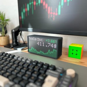 Peut inclure: Un &eacute;cran num&eacute;rique rectangulaire noir affichant le texte Tesla Inc. et le nombre 411.74$ avec un graphique lin&eacute;aire vert en dessous. L'appareil pr&eacute;sente un &eacute;cran &agrave; matrice de points et un bo&icirc;tier textur&eacute;, pos&eacute; sur un bureau en bois.