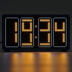 Peut inclure: Une horloge num&eacute;rique rectangulaire avec un cadre sombre affichant l'heure 19:34 en chiffres orange de style matrice de points. L'horloge pr&eacute;sente une bordure blanche de petits points lumineux entourant l'affichage central orange sur &eacute;cran noir.