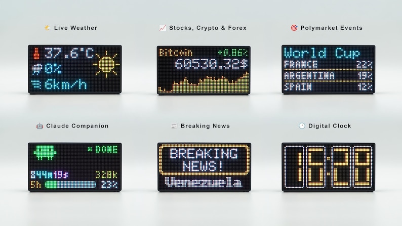 Peut inclure: Six &eacute;crans rectangulaires noirs &agrave; pixels LED affichant diverses interfaces de donn&eacute;es, notamment la m&eacute;t&eacute;o en direct avec temp&eacute;rature, les cours boursiers du Bitcoin, les probabilit&eacute;s d'&eacute;v&eacute;nements Polymarket, un compagnon Claude, des actualit&eacute;s et une horloge num&eacute;rique.