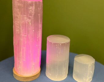 Selenite Cylinder Lamp with RGB Light Base: Healing Crystal Decor