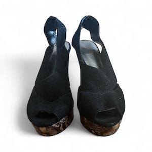 BCBGirls Black Suede Snakeskin Platform Heels Peep Toe Slingback Sandals 8.5M