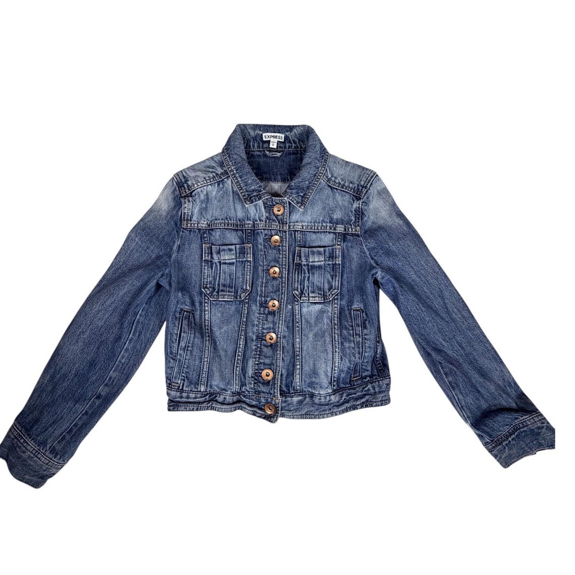 Express Womens Medium Wash Denim Jacket Blue Cropped Button Up Y2K Size XS, foto 4 de 5