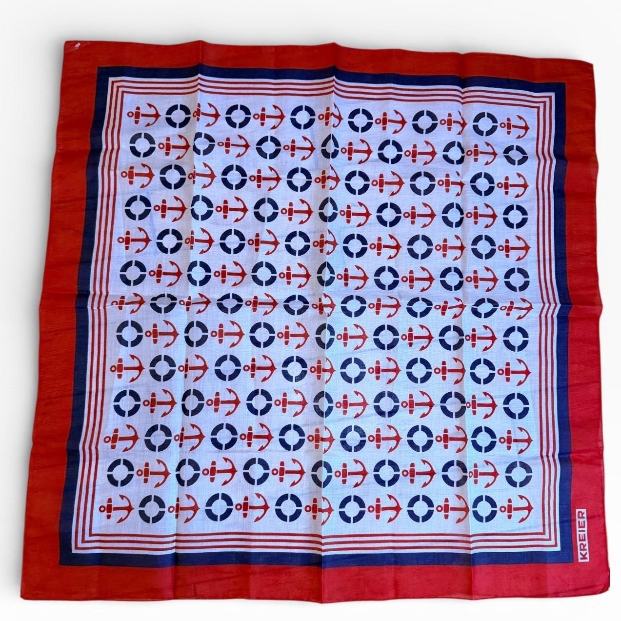 Foulard En Soie Kreier Vintage - 70x70 Cm - Rouge Et Bleu Marine - Occasion Très Bon état