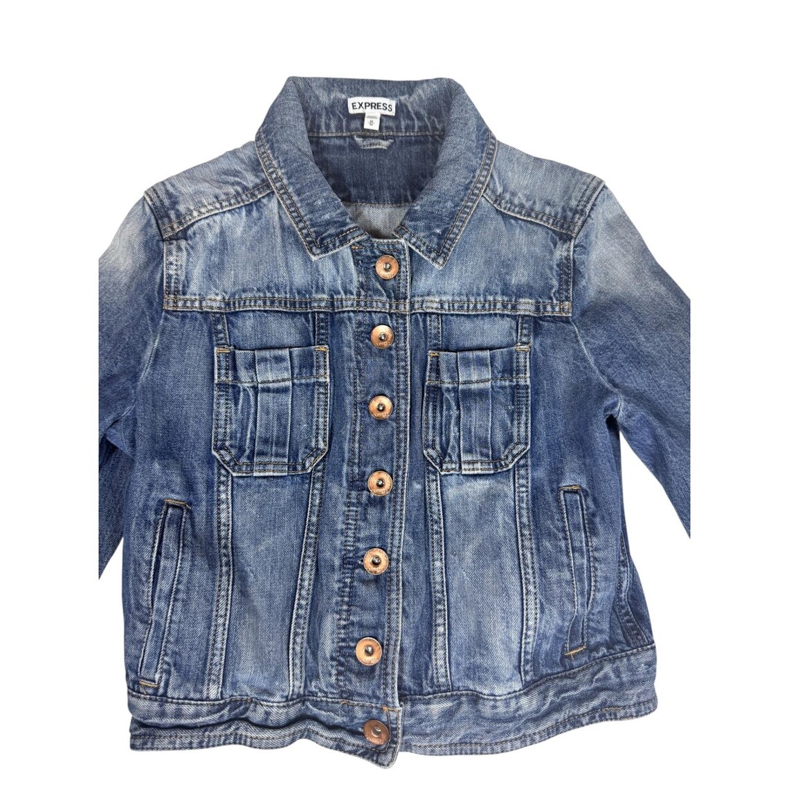 Express Womens Medium Wash Denim Jacket Blue Cropped Button Up Y2K Size XS, foto 3 de 5