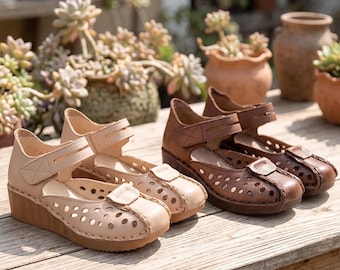 Genuine Cowhide Wedge Loafers: Retro Hollow Leather Flats, comfortable Shoes - Summer