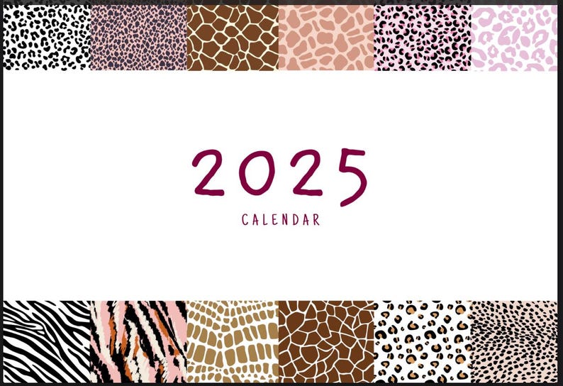 Animal Prints A4 2025 Monthly Calendar Printable Digital Download