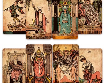 May include: A collection of vintage-style tarot cards featuring illustrations in shades of beige, brown, and gold. Each card displays unique artwork and titles such as "The Fool," "The Magician," and "The Empress."