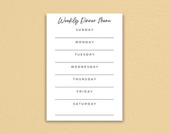 Minimalist Weekly Dinner Menu Planner Black White Printable Template Digital Download