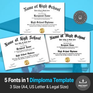 May include: Three high school diploma templates on a blue background. Each diploma is white with black text, including the school name, recipient name, and diploma details. The text "5 Fonts in 1 Dimploma Template" and "3 Size (A4, US Letter & Legal Size)" are also visible.