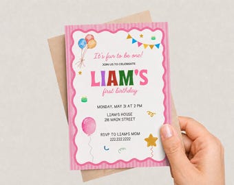 Editable Boy 1st Birthday Invitation | It's Fun to Be One Template | Canva Digital Download | 1001