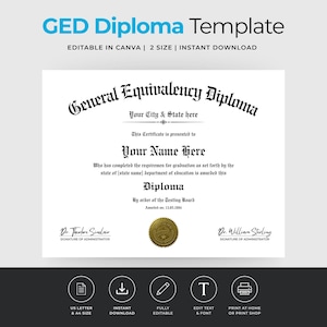 Könnte beinhalten: Eine weiße GED-Diplomvorlage mit schwarzem Text, die den Titel General Equivalency Diploma, Platzhalter für Name, Stadt, Bundesstaat und Datum, zwei Unterschriftszeilen und ein goldenes kreisförmiges Siegel unten in der Mitte enthält.