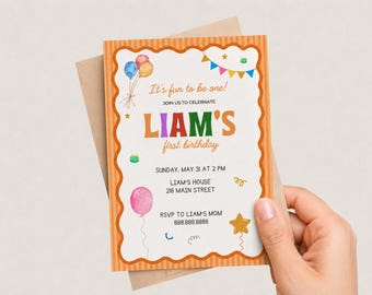 Boy First Birthday Invitation Orange Template | Editable 1st Birthday Boy Invite | Digital Download Canva Template