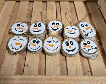 Adornos para árbol de Navidad con caras de muñeco de nieve de madera de abedul (juego de 10) Caras personalizadas
