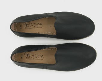 Men's Handmade Black Leather Slip-On Shoes | Cow Leather