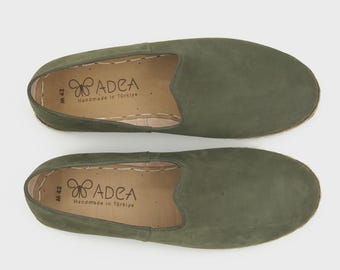 Men’s Army Green Slip-On Shoes | Handmade Nubuck Leather Loafers | Comfortable Casual Shoes from Turkey