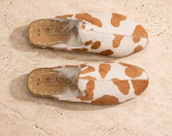 Women's Cow Print Shearling Mules - Handmade Leather Slip-Ons