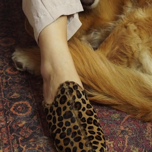 May include: A leopard print slipper with a brown and black spotted pattern. The slipper is made of a soft material and has a rounded toe. The slipper is on a patterned rug.