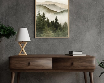 Misty Forest Landscape Print, Foggy Mountain Wall Decor, Nature Digital Download