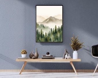 Misty Forest Landscape Print, Foggy Mountain Wall Art, Nature Inspired Digital Download