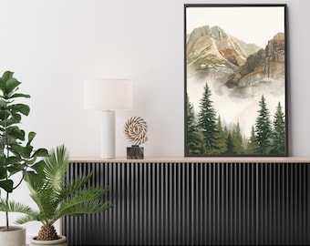 Landschapskunst mistig bos, poster bergfotografie, serene afdrukbare muurkunst