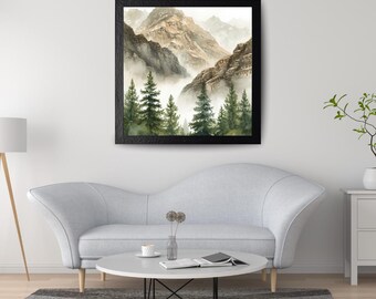 Muurkunst bergbos, afdrukbaar mistig landschap, digitale poster serene natuur