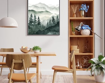 Muurkunst groene berg, mistig bos digitale print, op de natuur geïnspireerde woondecoratie