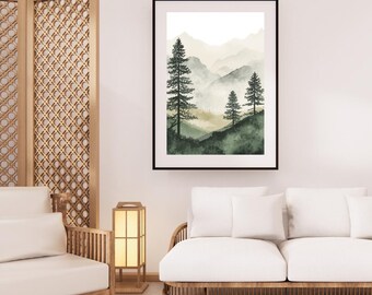 Afdrukbare kunst Misty Mountains, poster boslandschap, neutraal natuurdecor