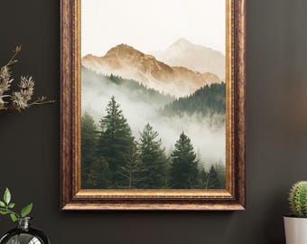 Digitale print bosbergen, fotografie mistige mistige bergen, groene natuurkunst aan de muur