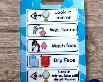 Blue Wash‑Face Routine PVC Card – 5‑Step Visual Checklist – Lanyard Friendly