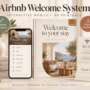 Op de afbeelding: Een digitale Airbnb Welcome System sjabloonset met een mobiele telefoon die een gastengids toont, een geprint A4-welkomstboek, een wifi-bordje en een bedankkaartje. De teksten bevatten onder andere Welcome to your stay, Wi-Fi en Thank You.