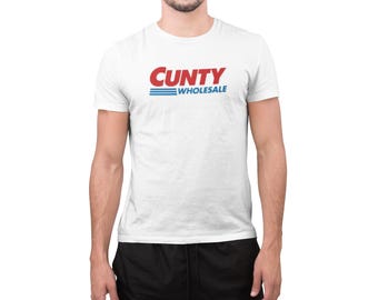 Cunty Wholesale logo Tee | Graphic T-Shirt, Red Blue Text | Costco