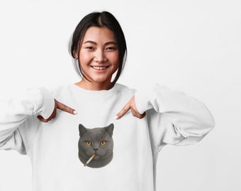 Gray British Shorthair Cat Smoking Sweatshirt | Funny Minimalist Crewneck | Gildan 18000 | Cat Lover Gift