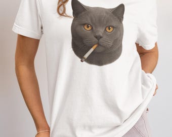 Gray British Shorthair Cat Smoking T-Shirt | Funny Tee | Cat Lover Gift
