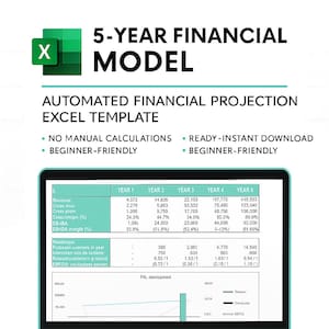 May include: A laptop screen displays a 5-Year Financial Model Excel template. The screen shows financial data, including revenue, gross margin, and EBITDA. The template is described as beginner-friendly and automated, with no manual calculations.