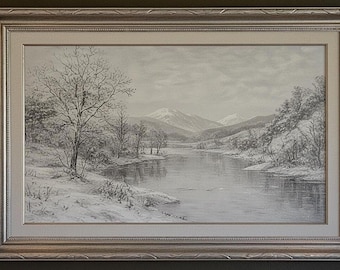 Descarga digital | Pintura de paisaje invernal vintage | Imagen 4K 16:9 | Arte mural retro con naturaleza nevada | Instantánea