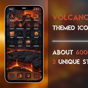 Pode incluir: Um smartphone exibe um pacote de ícones temático "Volcano Core". Os ícones dos aplicativos têm um design inspirado em lava. A imagem inclui o texto "ABOUT 6000 ICONS" e "3 UNIQUE STYLES".